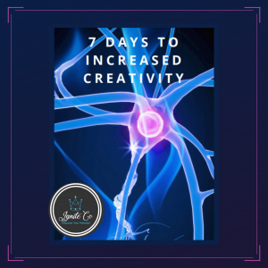 Electric blue sstripes that look like waves inside a brain with a pink centre depicting neuron stimulation on a dark blue background with the logo of Ignite Co on the left bottom and white words written across the top stating 7 days to increase creativity