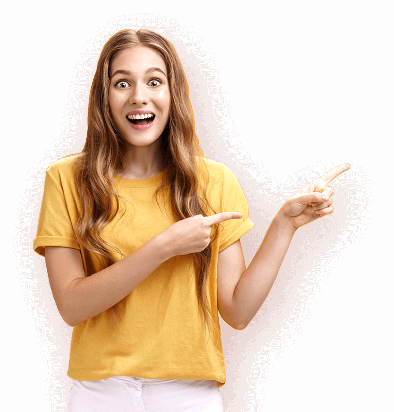 Lady with long ginger hair wearing a yellow shirt and white pants, pointing with both her hands towards her left at the questions on the website of ignite Co